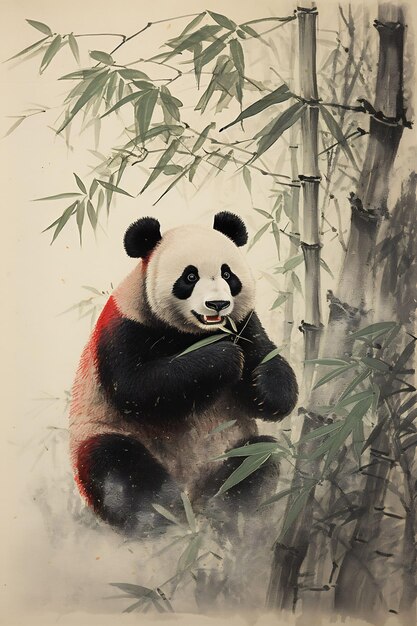 a panda bear with a black and white face and red gloves holding a bamboo stick