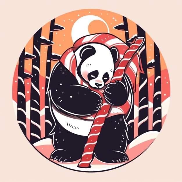 Panda bear with candy cane in winter forest with moon and trees generative ai