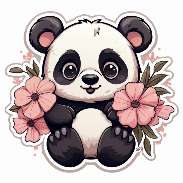 panda bear with flowers on its head sitting on a white surface generative ai