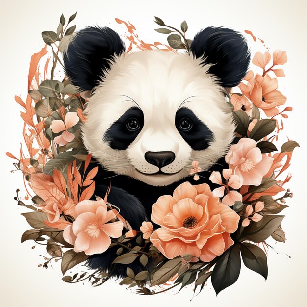 Foto orso panda con fiori e foglie in un cerchio ai creativo