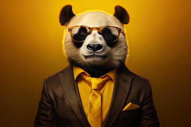 A panda bear with glasses and a tie on