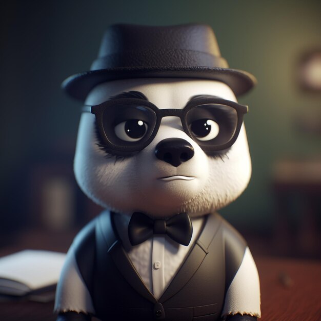 A panda bear with a hat and bow tie is on a desk.