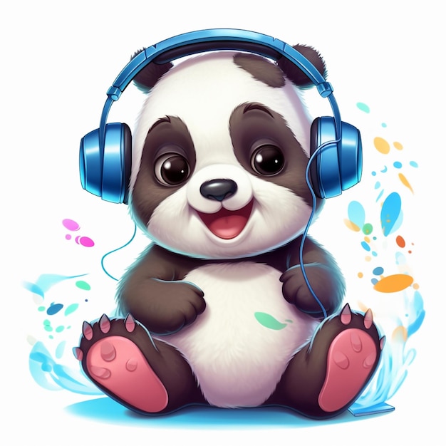 Panda bear with headphones sitting on the ground with water splash generative ai