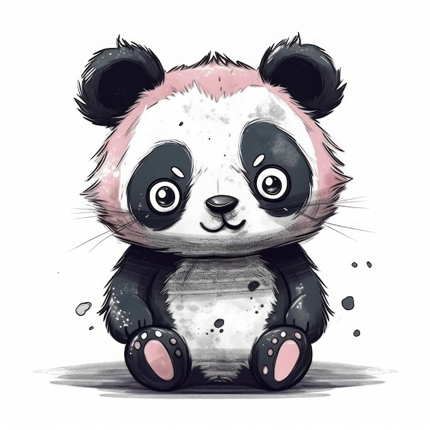 A panda bear with pink eyes sits on the ground.