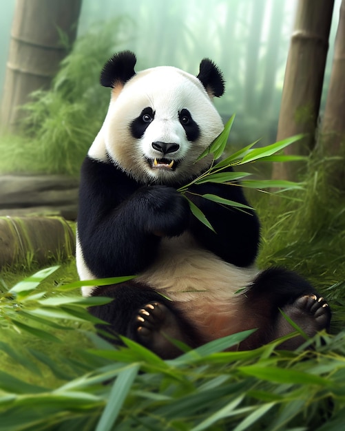 панда с белым лицом и черными глазами сидит в лесу.