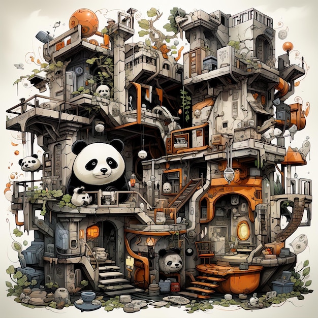 Panda bear in a zoolike cartoon in the style of precise detailed architecture paintings complex enigmas fantastical ruins detailed ink AI illustration digital virtual generative