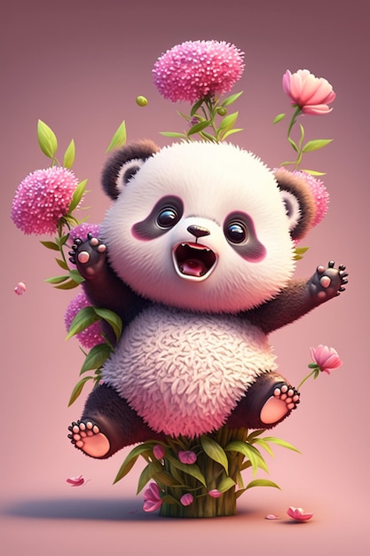 Panda beer cubby zit op een bloem die is ingemaakt met bloemen generatieve ai