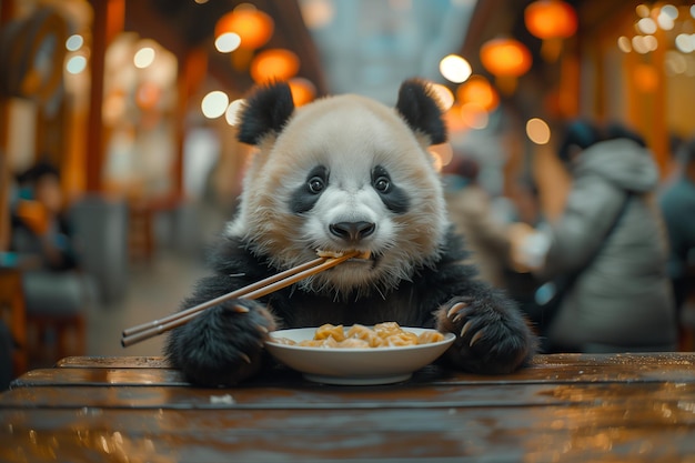 Foto panda beer eet voedsel met eetstokjes aan een tafel generatieve ai