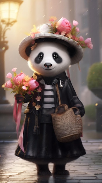 Panda beer gekleed in een zwarte jas en hoed met een mand met bloemen generatieve ai