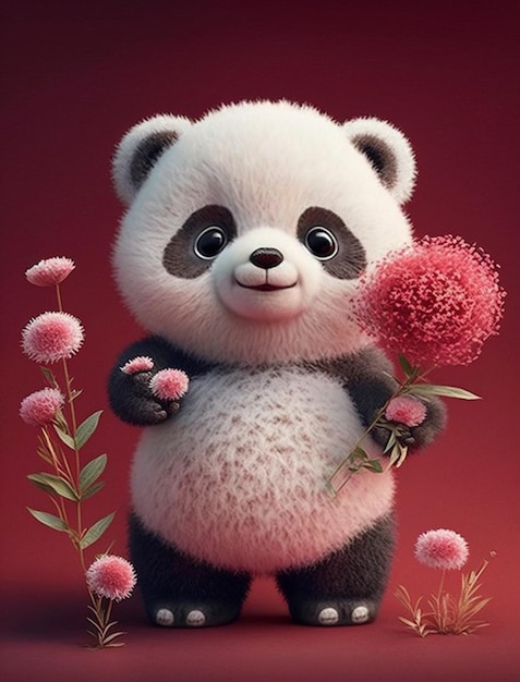 Panda beer houdt bloem voor rode achtergrond generatieve ai