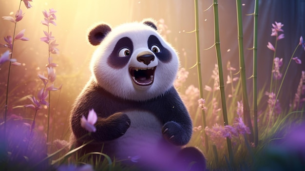 panda beer in een veld van bloemen met een glimlach op zijn gezicht generatieve ai