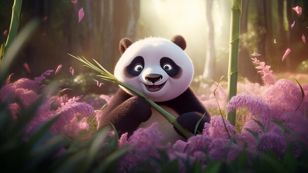 panda beer in een veld van bloemen met een zonnestral generatieve ai