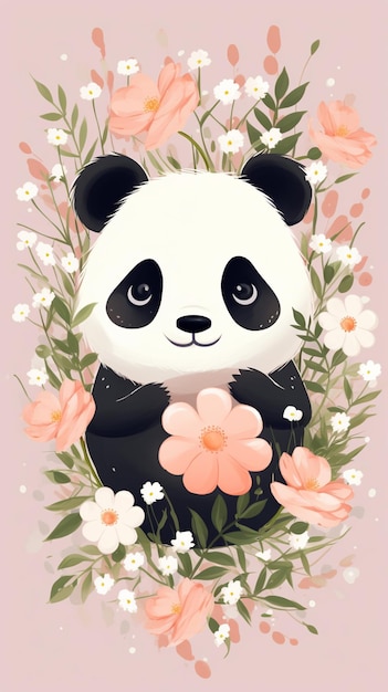 panda beer met bloemen en bladeren in een cirkel generatieve ai