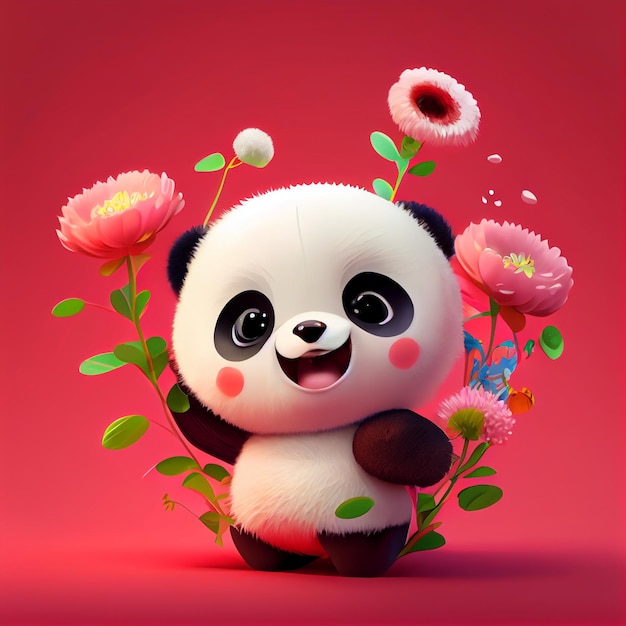Panda beer met bloemen en op een roze achtergrond generatieve ai