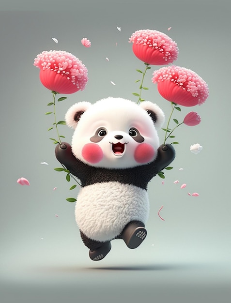 Panda beer met bloemen in de lucht generatieve ai