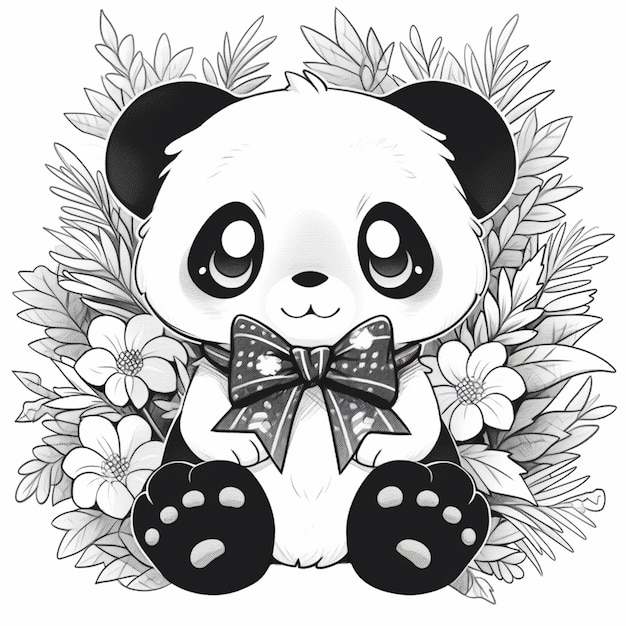panda beer met vlinderdas zit voor bloemen generatieve ai