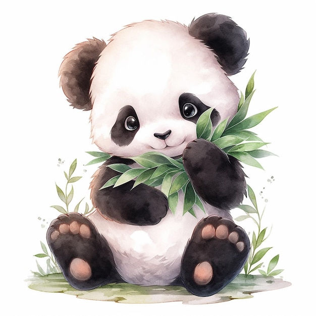 Foto panda beer zit op de grond en eet bamboe bladeren generatieve ai