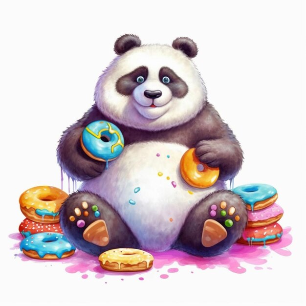 panda beer zit op de grond met donuts en donuts generatieve ai