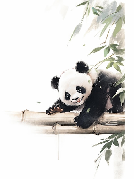 Panda beer zittend op bamboe paal met bamboe bladeren en bamboestokken generatieve ai