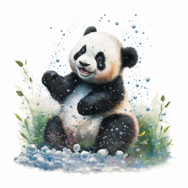 panda beer zittend op de grond met bubbels in de lucht generatieve ai