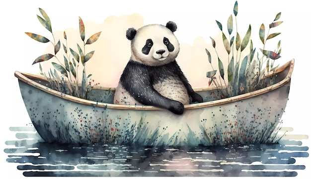 A panda in a boat is sitting on a river.