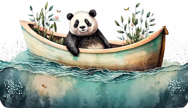 Photo a panda in a boat with butterflies on the water