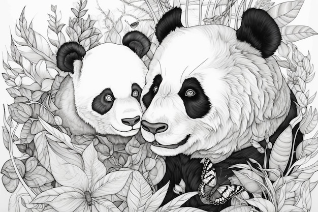 A panda and a butterfly are among the flowers.