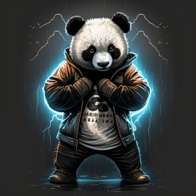 Panda character with thunder lights on black background generative AI