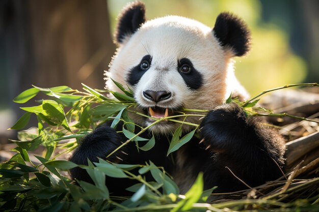 Foto un panda che mastica un fiore naturale di bambù generative ai