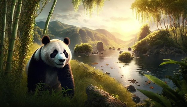 панда в китайском пейзаже
