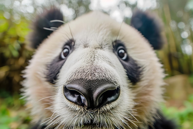 写真 カメラを見ている楽しい動物 パンダの鼻 ワイドアングルレンズ