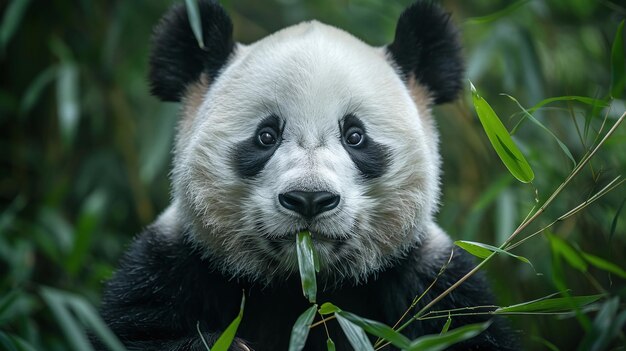 Photo panda conservation efforts closeup of panda eating bamboo in the forest