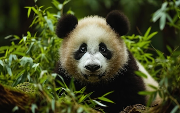 Младенец панды с любопытством исследует окружающую среду.