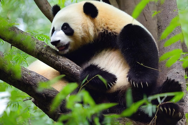 Panda cub klom in hoge boom en zit op tak