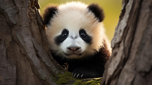 Foto un cucciolo di panda che sbircia da dietro un tronco di albero e sembra curioso