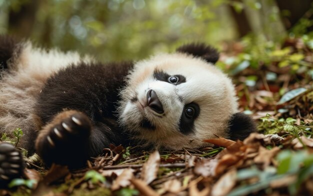 Panda cub rolling playfully on the forest floor