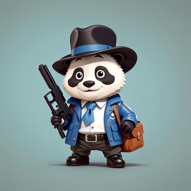 panda detective holding gun cartoon vector icon illustration