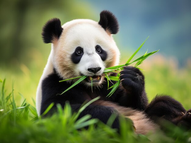 Foto panda die bamboe eet in zijn natuurlijke leefomgeving