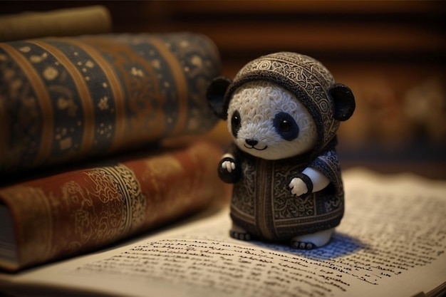 A panda doll sits on a book with other books.
