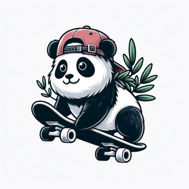 panda draagt pet op een skateboard op een witte achtergrond