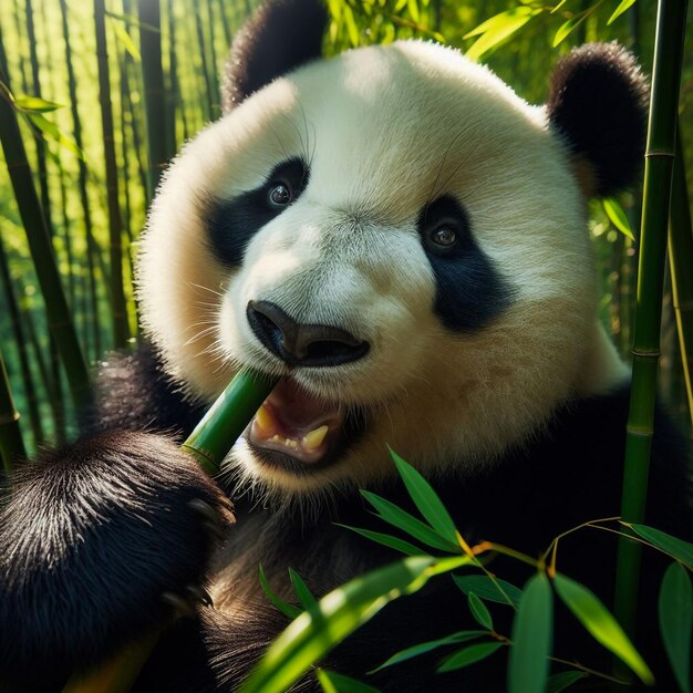 A panda eating bamboo in a forest