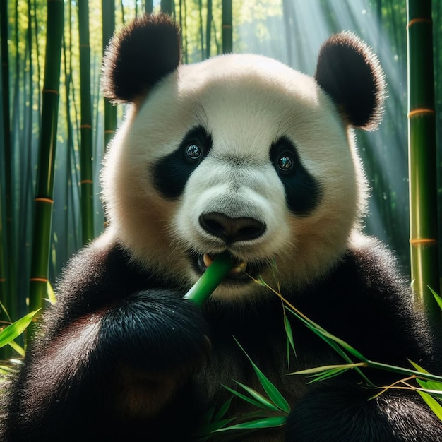 A panda eating bamboo in a forest