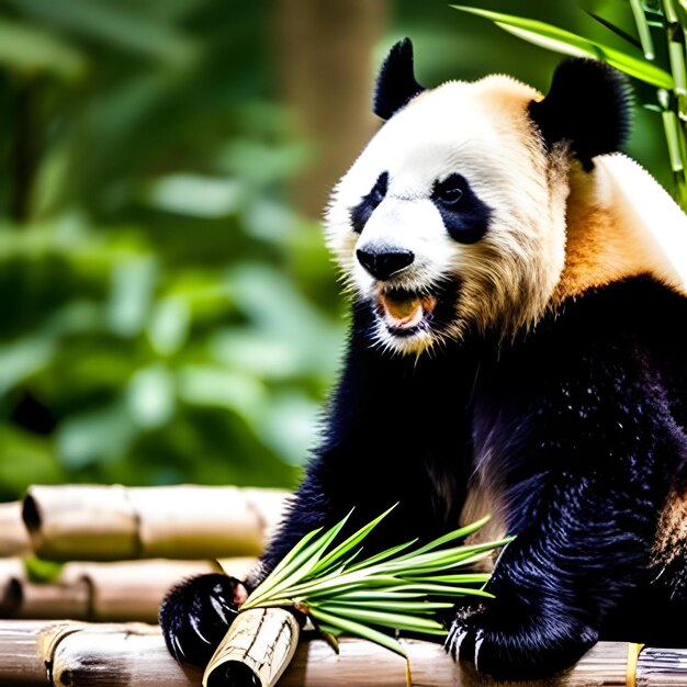 Photo a panda eating bamboo in a tropical forest