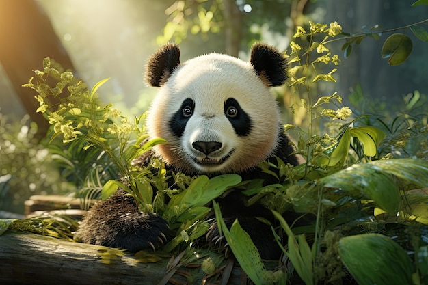 A panda eating bamboo in a tropical forest