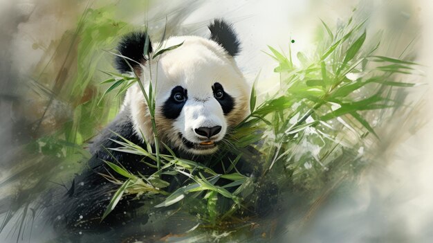 Photo a panda eating bamboo watercolor textured paper cool tones ai generative