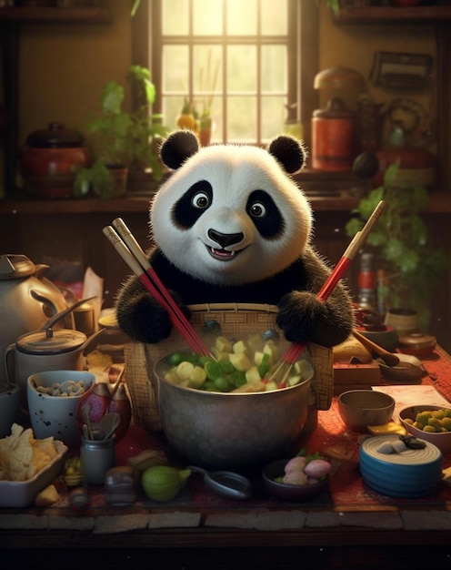 Panda eating a bowl of food in a restaurant