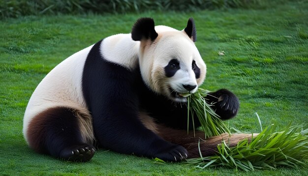 写真 パンダが森で草を食べている