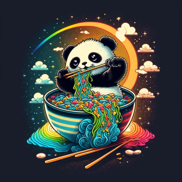 panda eating noodles in a bowl with chopsticks and rainbows generative ai