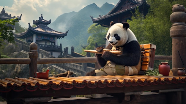 Photo panda eating a piece of food with a mountain in the background