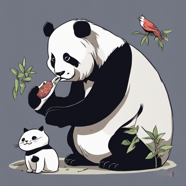 Panda eating with cat fantasy image ai generated art